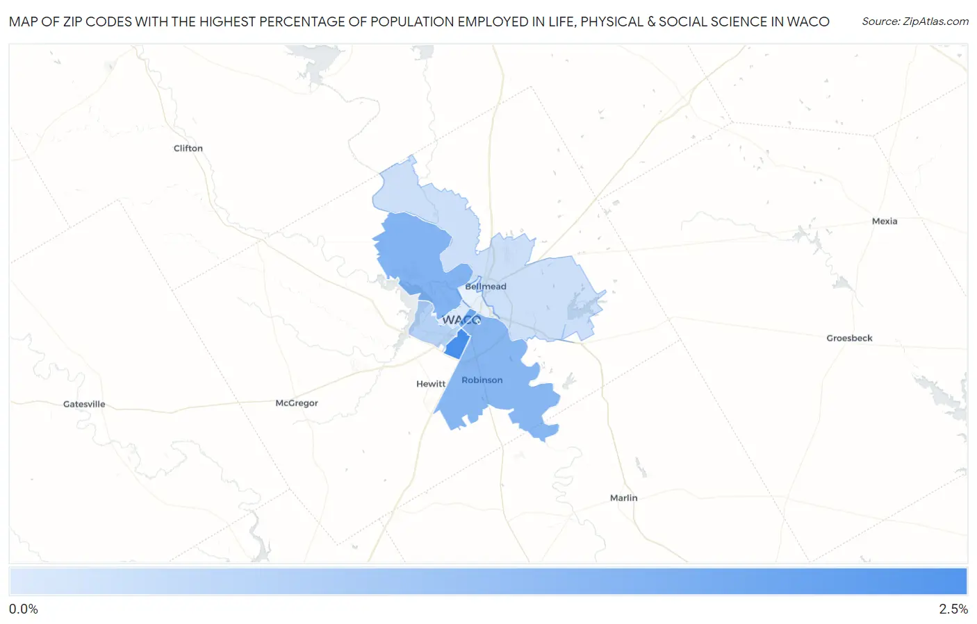 Zip Codes with the Highest Percentage of Population Employed in Life, Physical & Social Science in Waco Map
