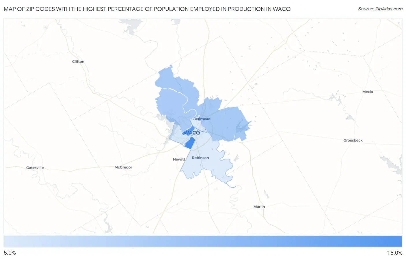 Zip Codes with the Highest Percentage of Population Employed in Production in Waco Map