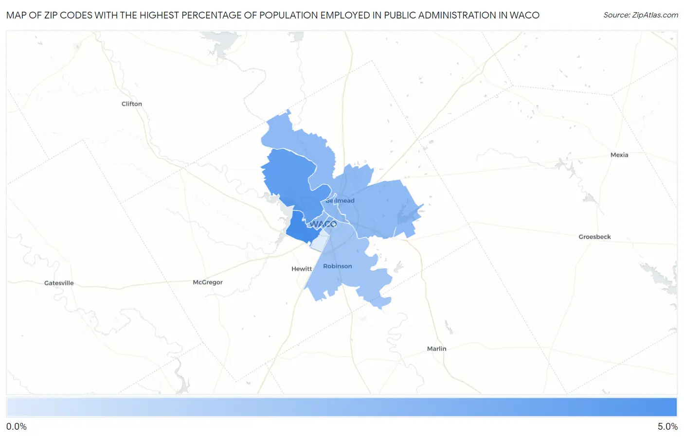 Zip Codes with the Highest Percentage of Population Employed in Public Administration in Waco Map
