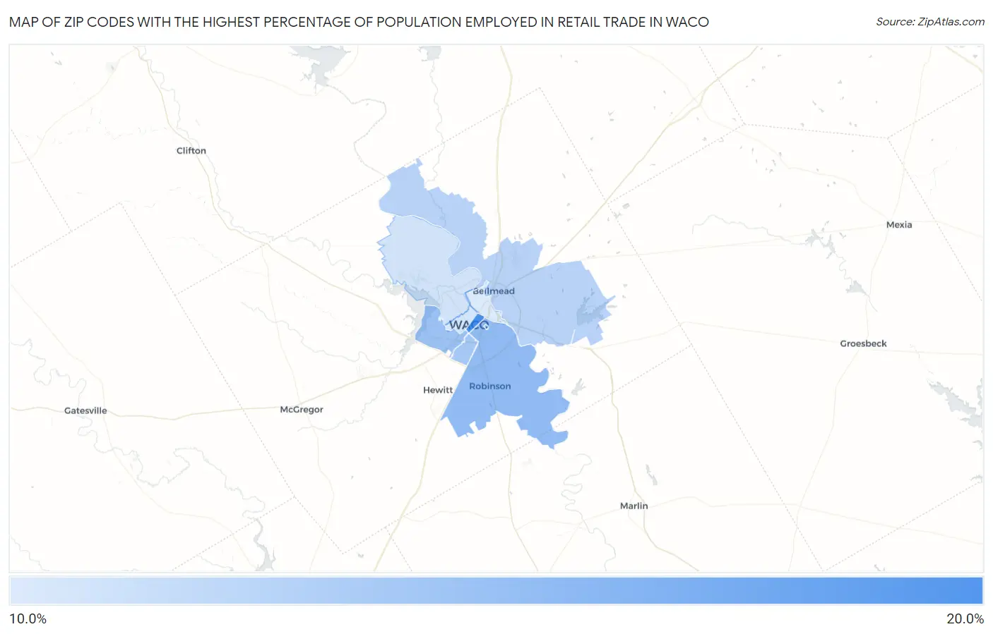 Zip Codes with the Highest Percentage of Population Employed in Retail Trade in Waco Map