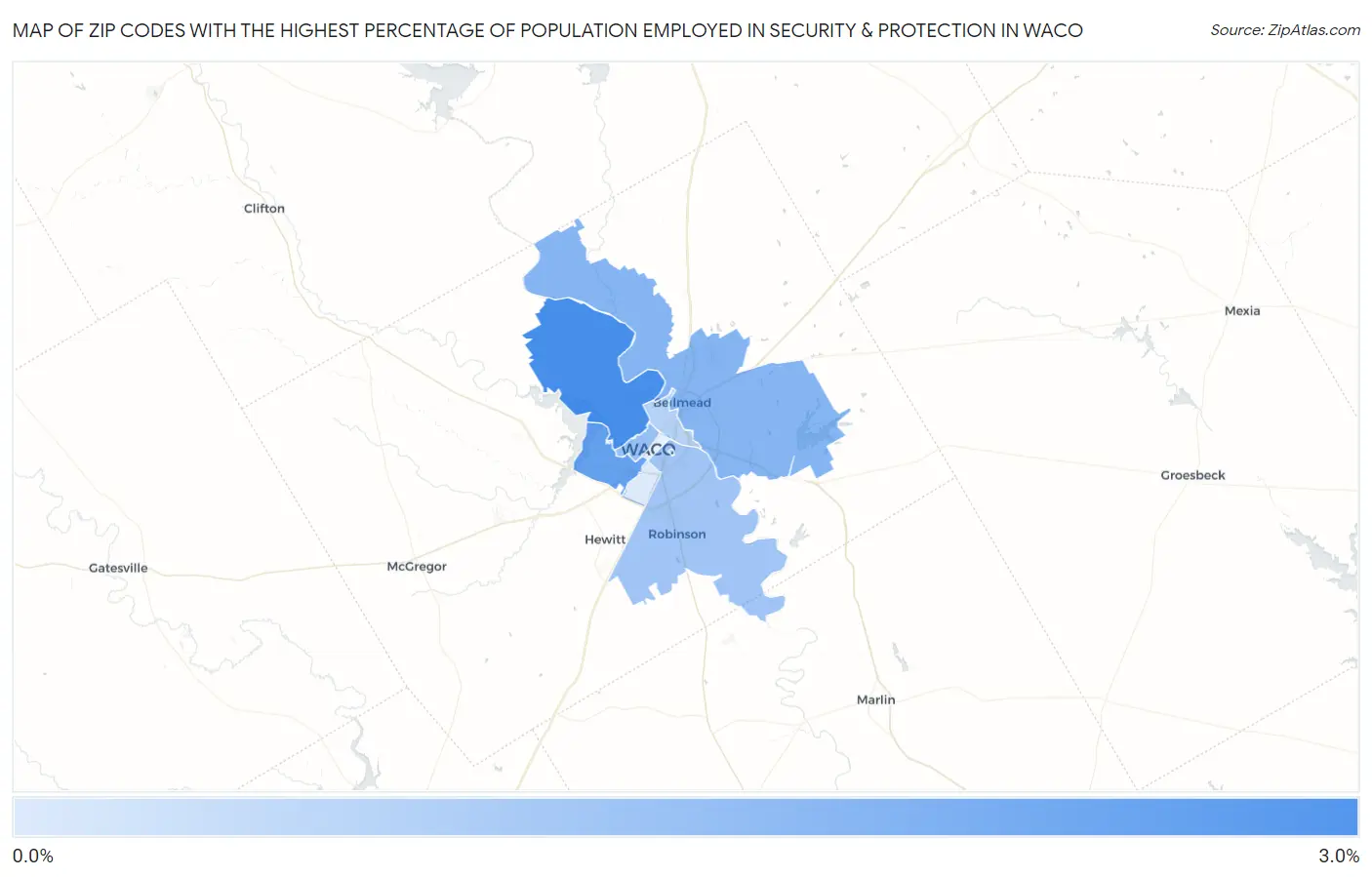 Zip Codes with the Highest Percentage of Population Employed in Security & Protection in Waco Map