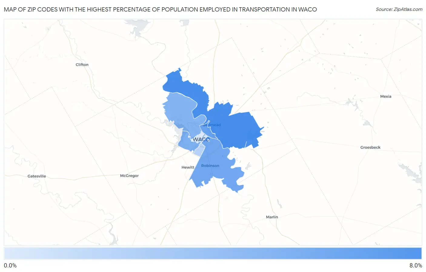 Zip Codes with the Highest Percentage of Population Employed in Transportation in Waco Map