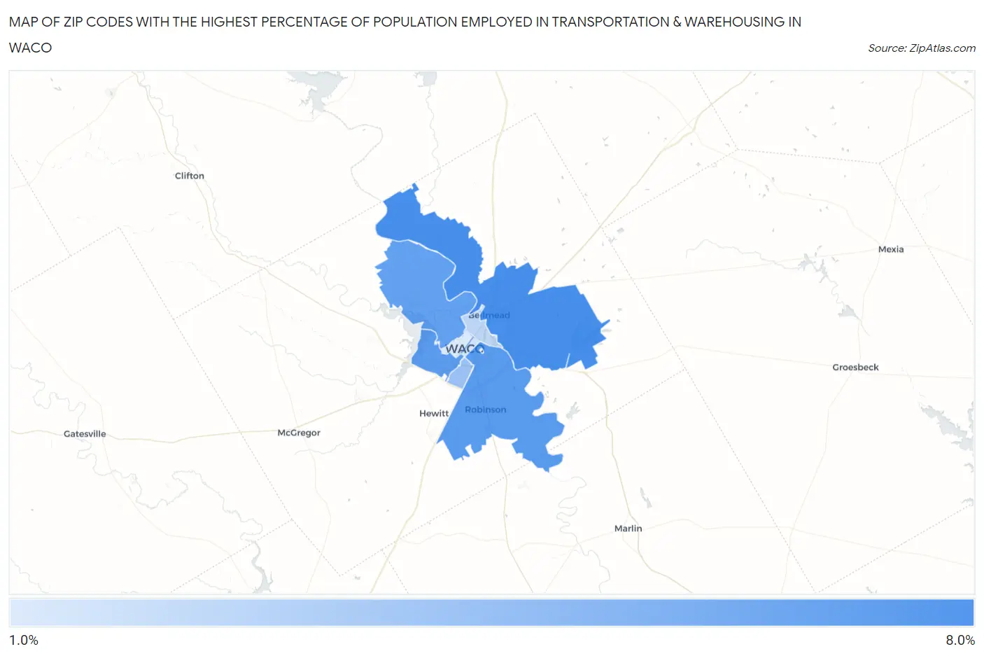 Zip Codes with the Highest Percentage of Population Employed in Transportation & Warehousing in Waco Map
