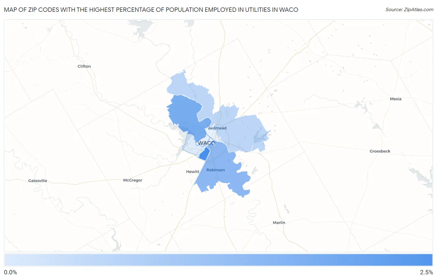 Zip Codes with the Highest Percentage of Population Employed in Utilities in Waco Map