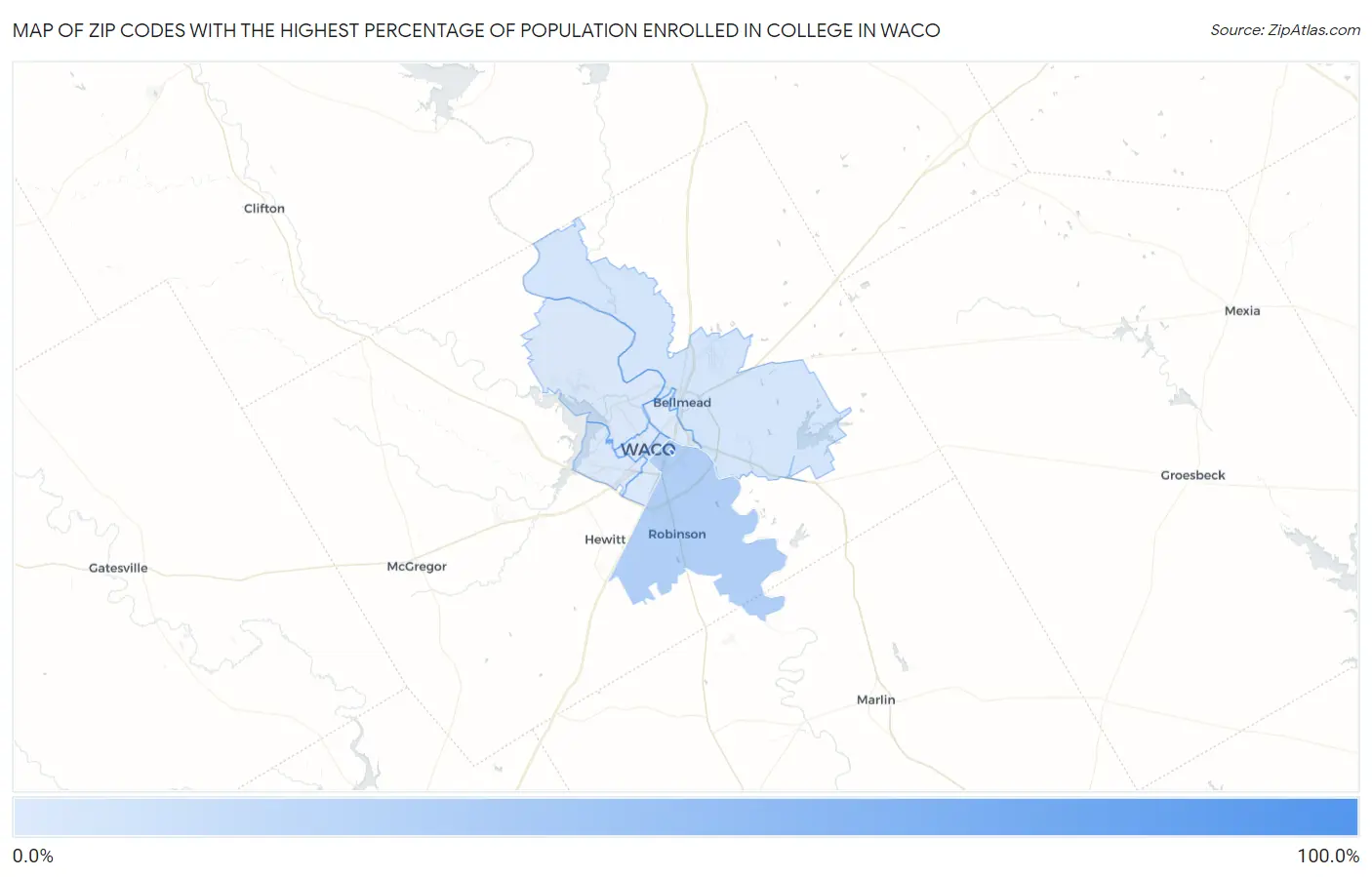 Zip Codes with the Highest Percentage of Population Enrolled in College in Waco Map