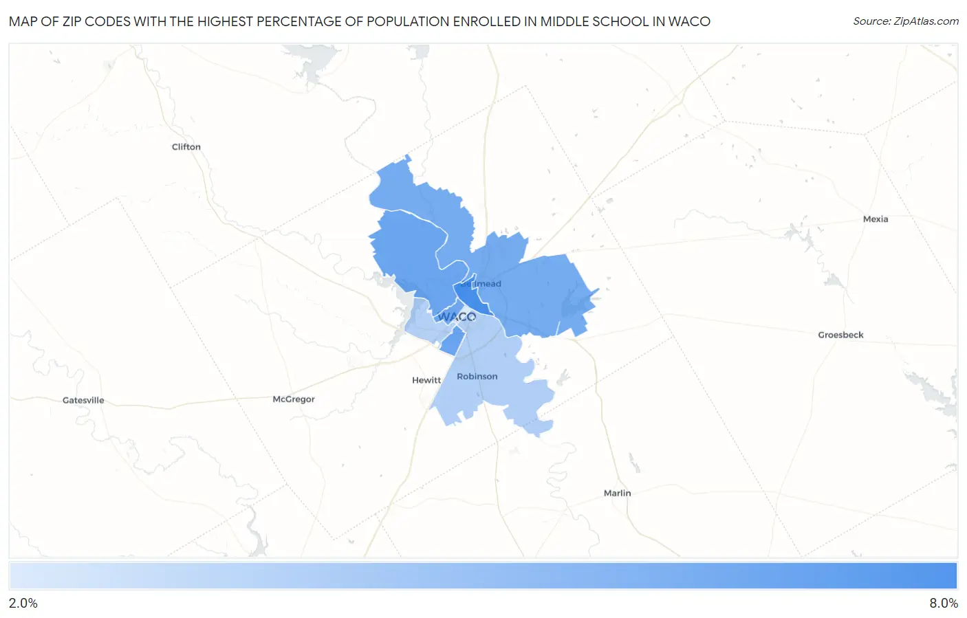 Zip Codes with the Highest Percentage of Population Enrolled in Middle School in Waco Map