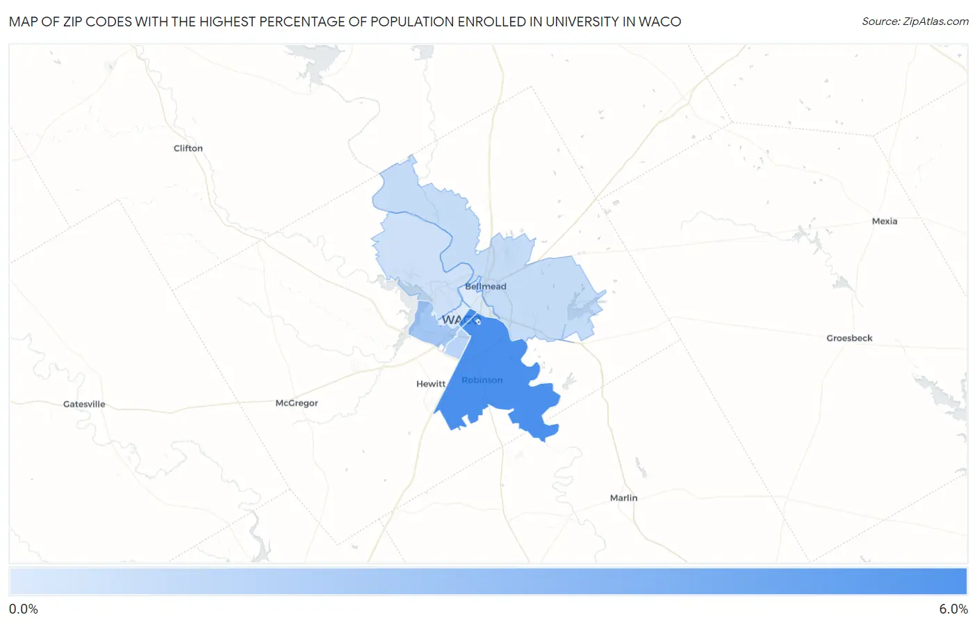 Zip Codes with the Highest Percentage of Population Enrolled in University in Waco Map