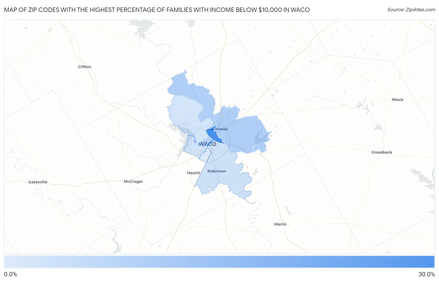Zip Codes with the Highest Percentage of Families with Income Below $10,000 in Waco Map