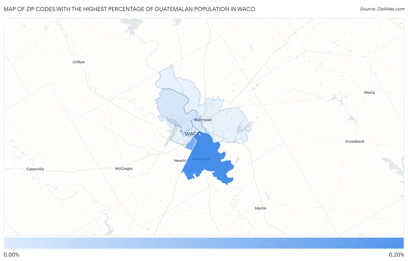 Zip Codes with the Highest Percentage of Guatemalan Population in Waco Map