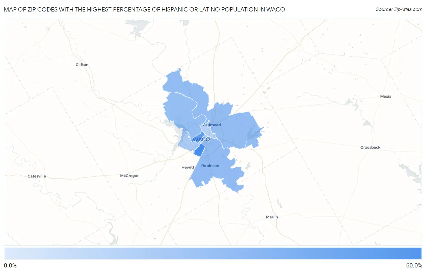 Zip Codes with the Highest Percentage of Hispanic or Latino Population in Waco Map