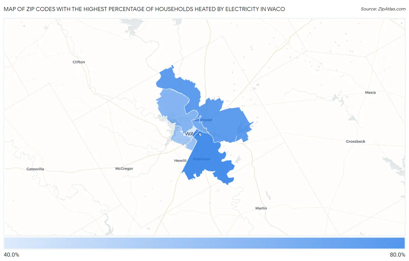Zip Codes with the Highest Percentage of Households Heated by Electricity in Waco Map