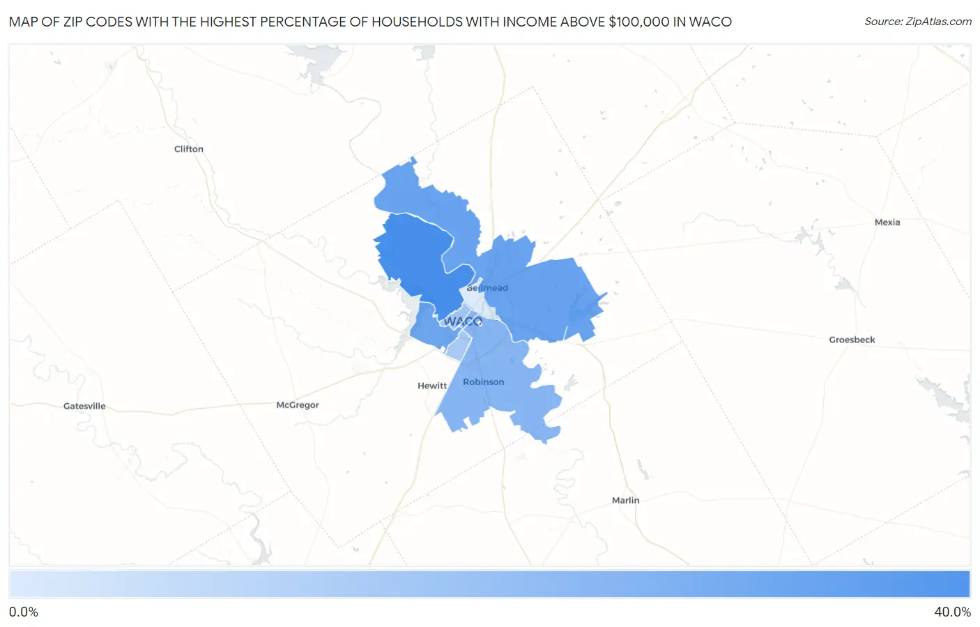 Zip Codes with the Highest Percentage of Households with Income Above $100,000 in Waco Map