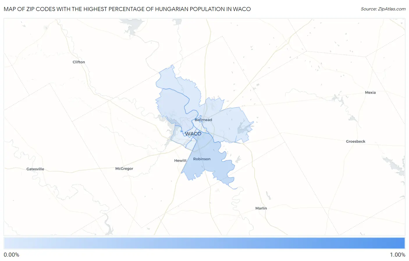 Zip Codes with the Highest Percentage of Hungarian Population in Waco Map
