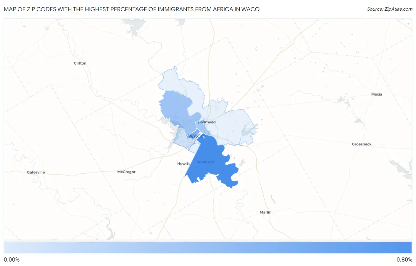 Zip Codes with the Highest Percentage of Immigrants from Africa in Waco Map