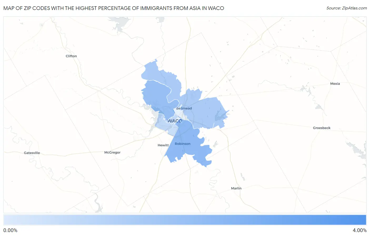 Zip Codes with the Highest Percentage of Immigrants from Asia in Waco Map