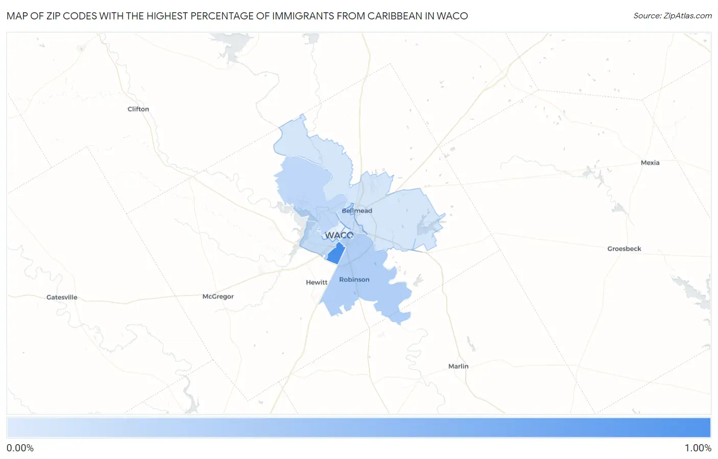Zip Codes with the Highest Percentage of Immigrants from Caribbean in Waco Map