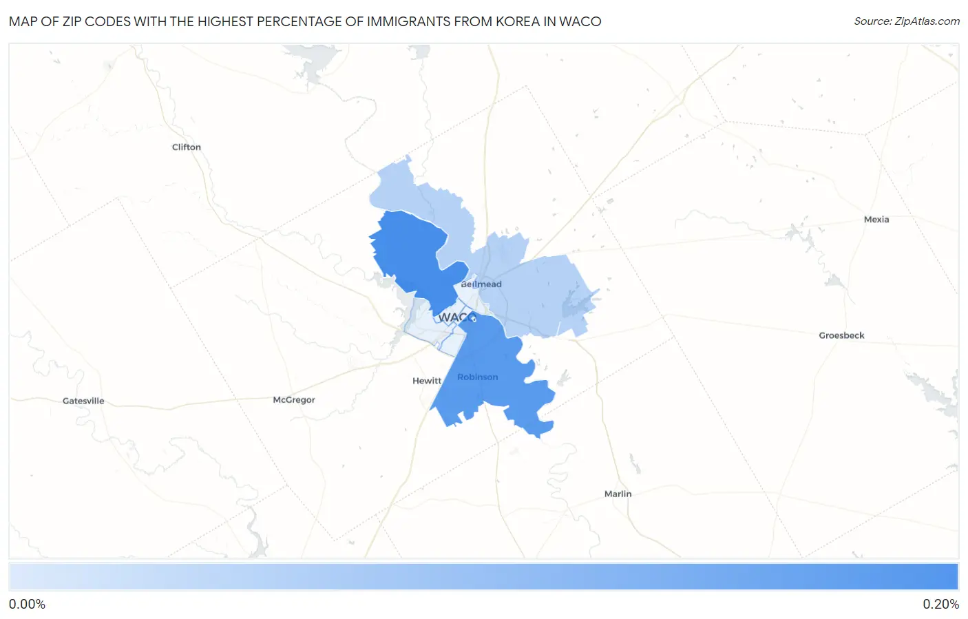 Zip Codes with the Highest Percentage of Immigrants from Korea in Waco Map