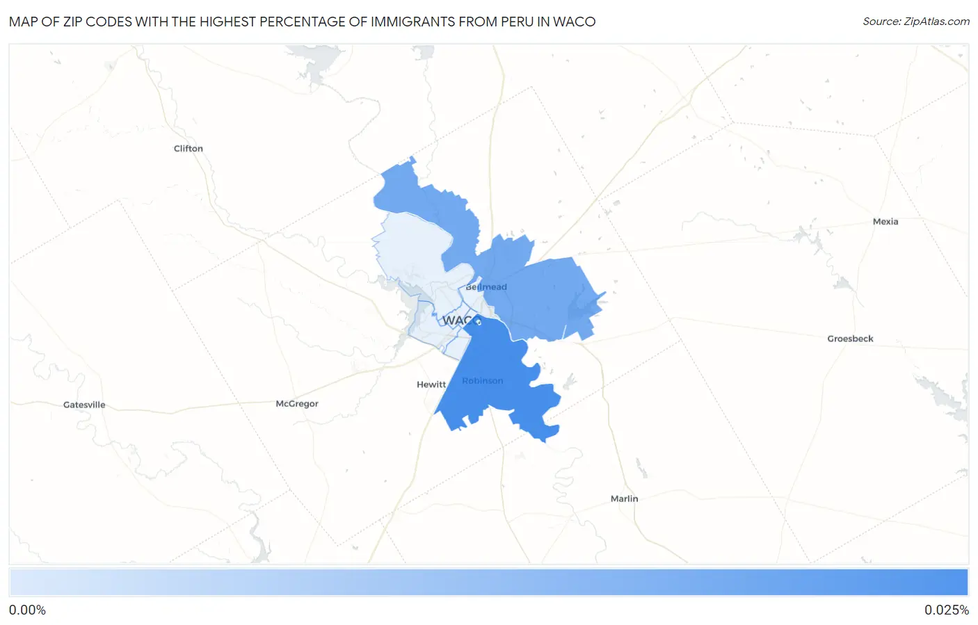 Zip Codes with the Highest Percentage of Immigrants from Peru in Waco Map