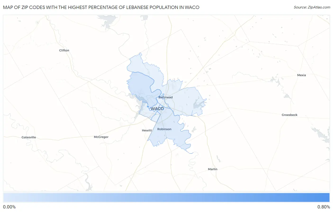 Zip Codes with the Highest Percentage of Lebanese Population in Waco Map