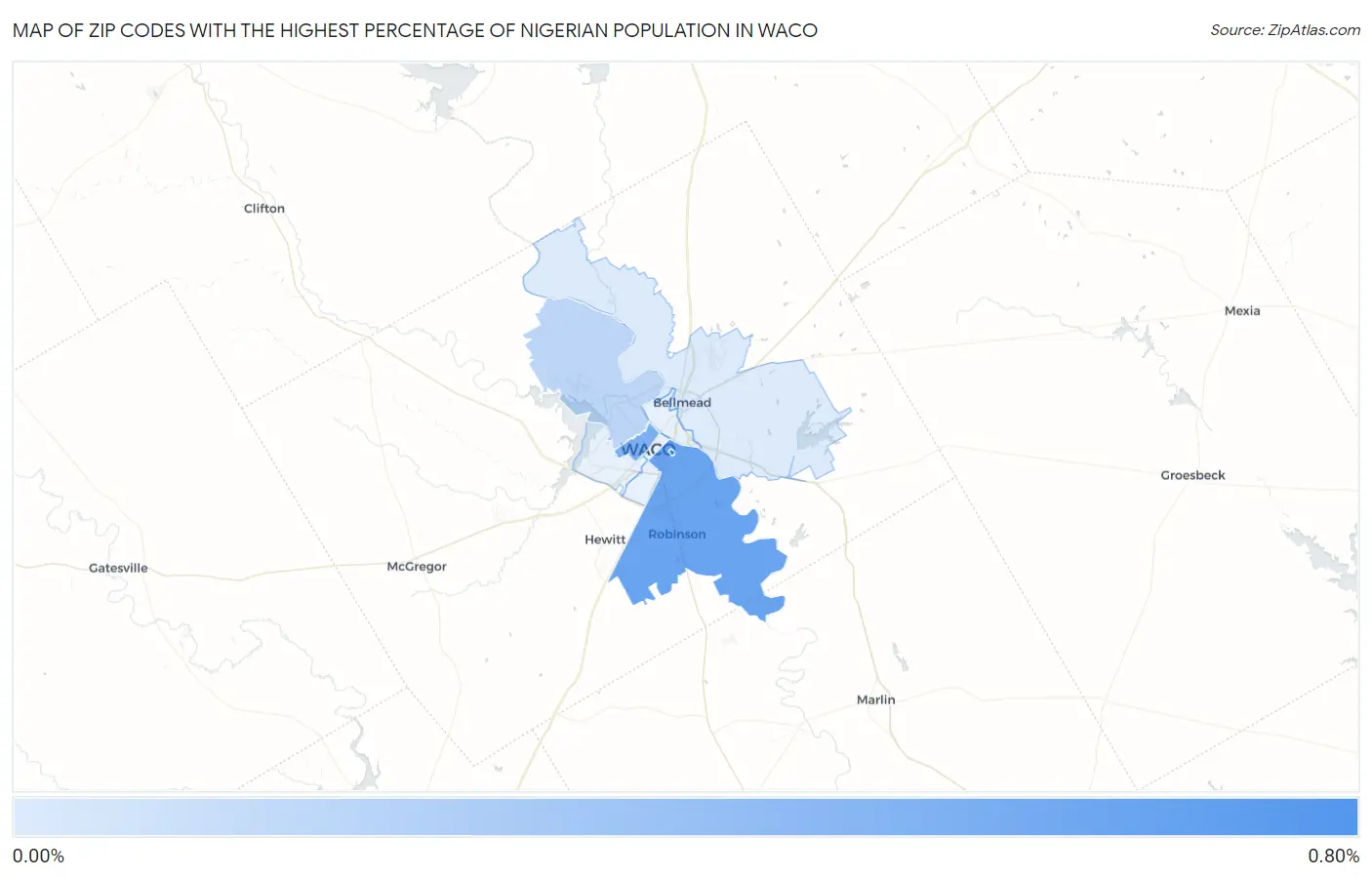 Zip Codes with the Highest Percentage of Nigerian Population in Waco Map