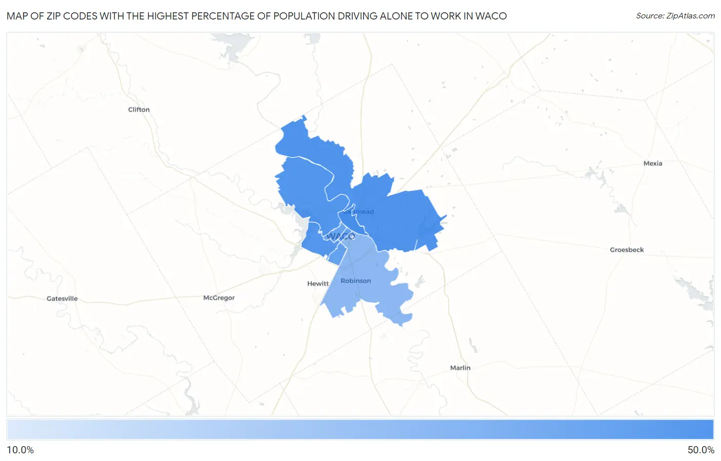 Zip Codes with the Highest Percentage of Population Driving Alone to Work in Waco Map