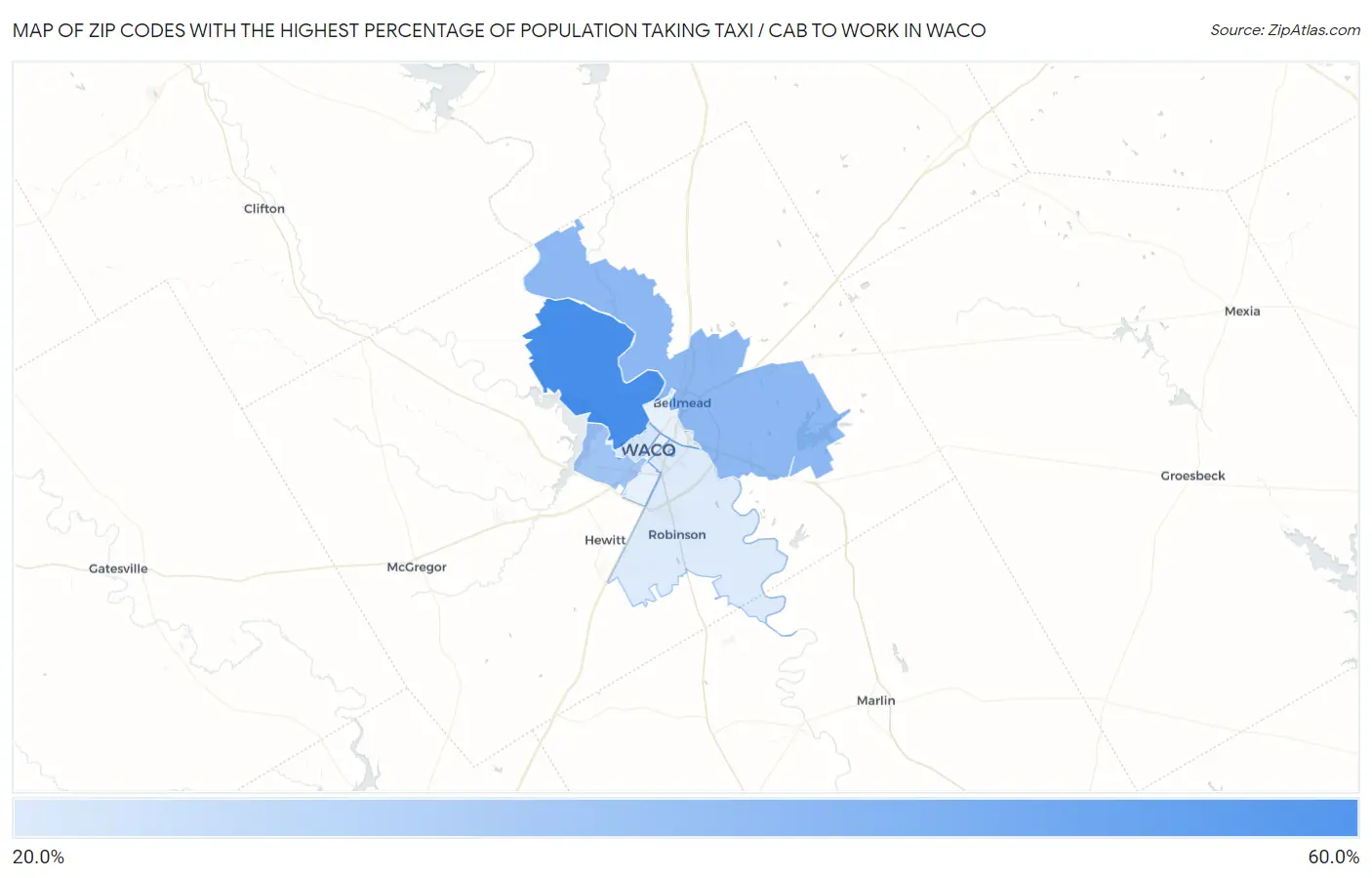 Zip Codes with the Highest Percentage of Population Taking Taxi / Cab to Work in Waco Map