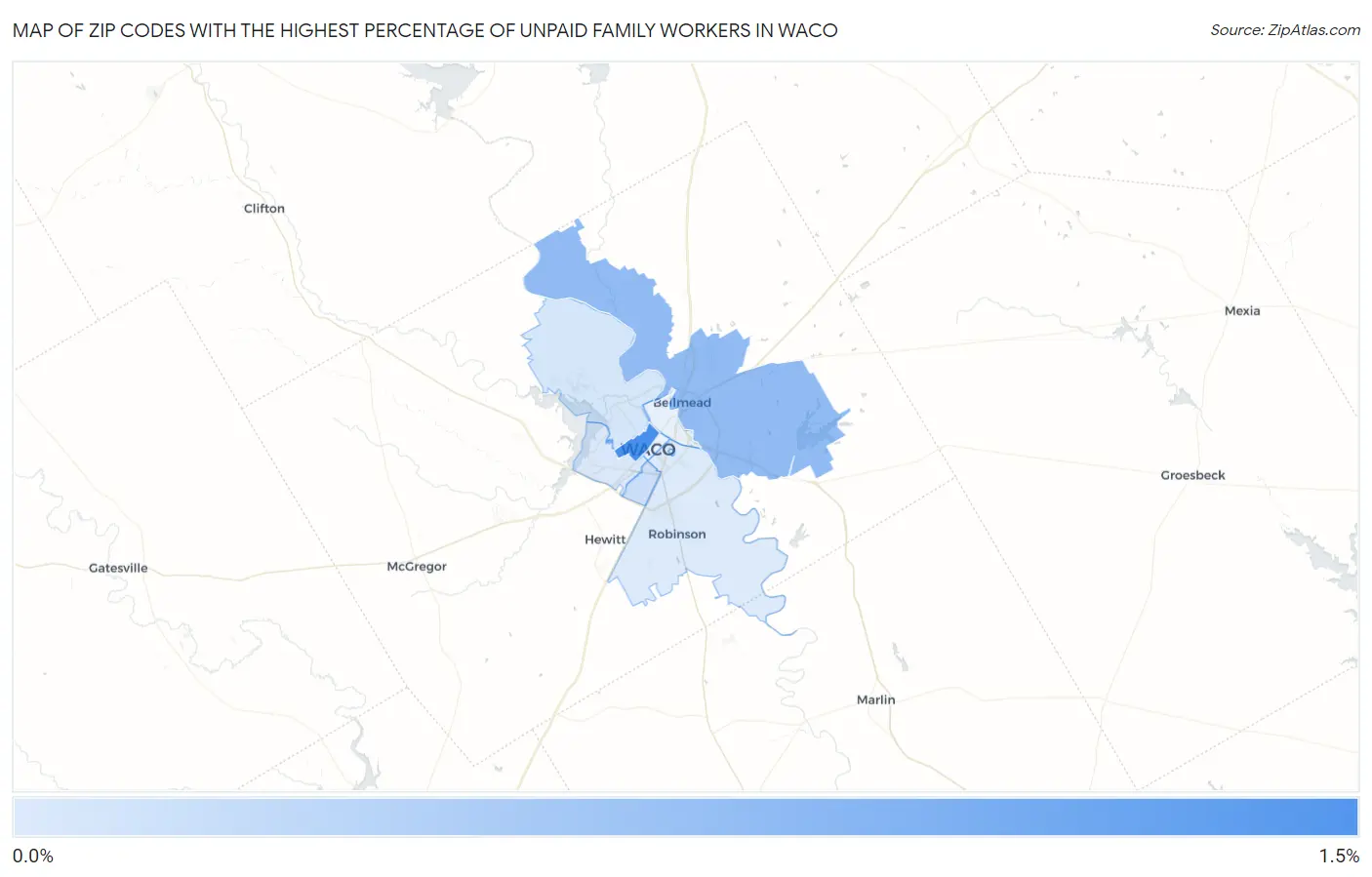 Zip Codes with the Highest Percentage of Unpaid Family Workers in Waco Map