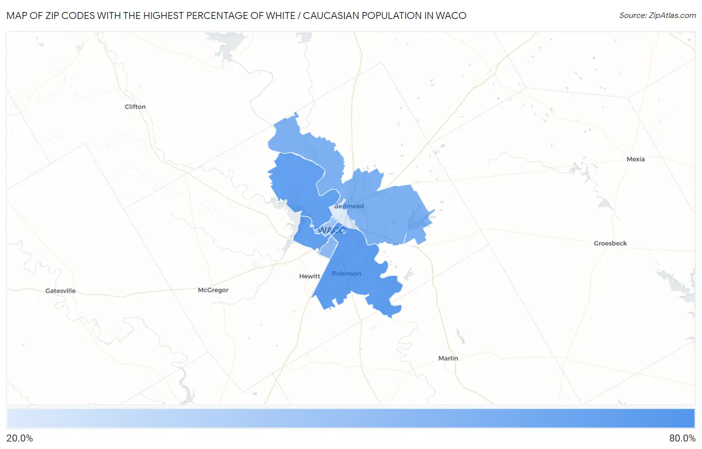Zip Codes with the Highest Percentage of White / Caucasian Population in Waco Map