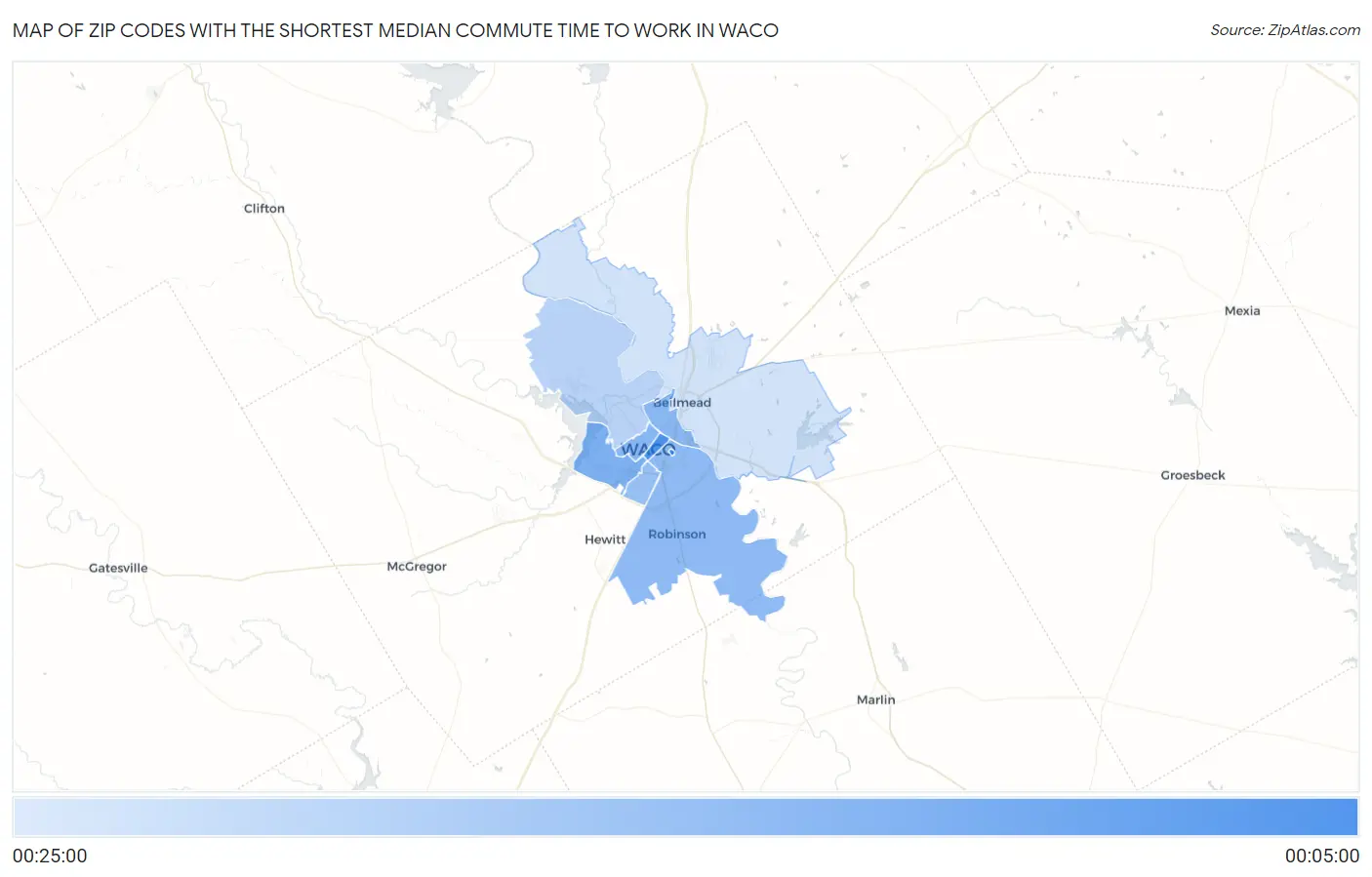 Zip Codes with the Shortest Median Commute Time to Work in Waco Map