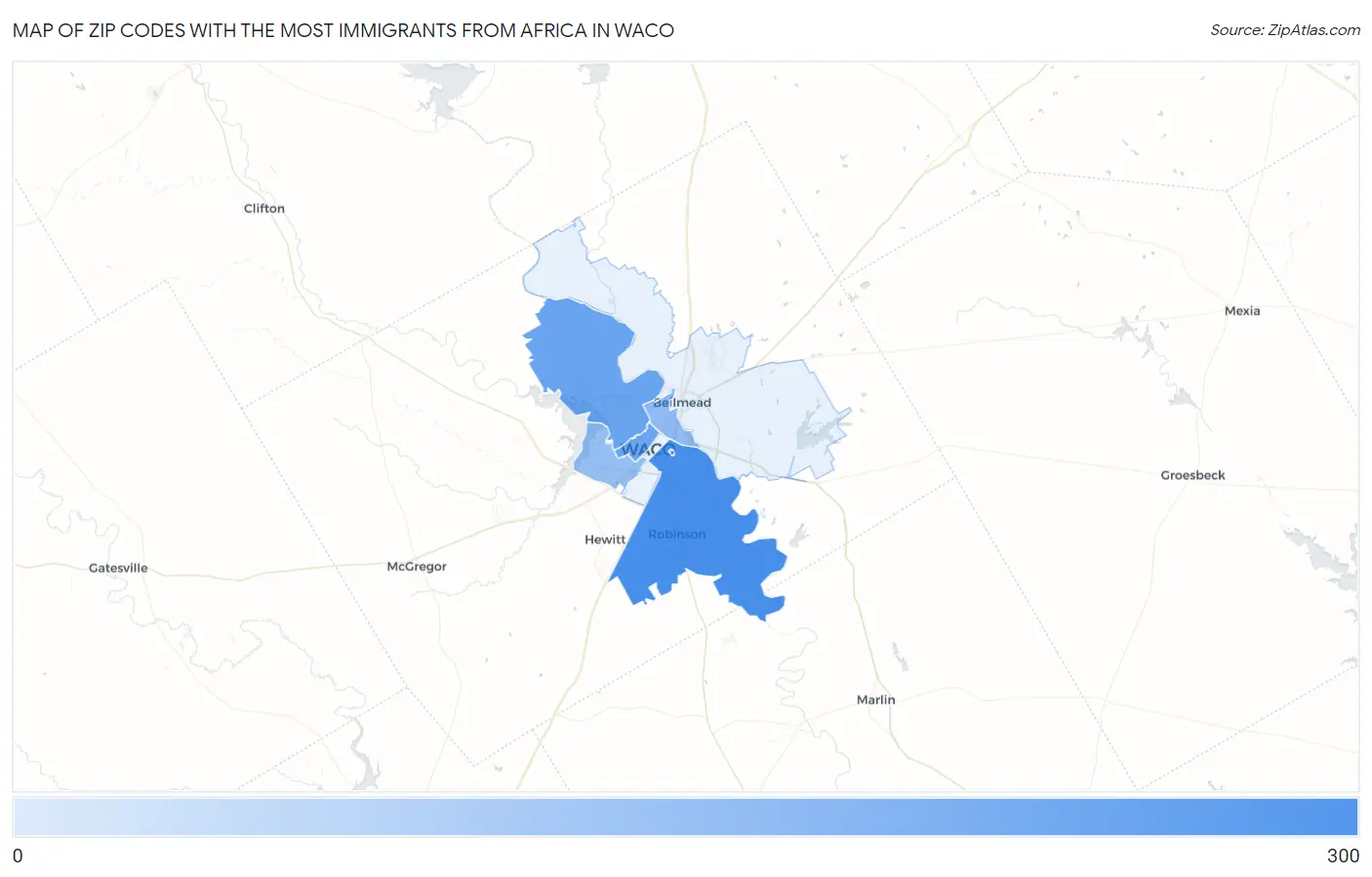 Zip Codes with the Most Immigrants from Africa in Waco Map