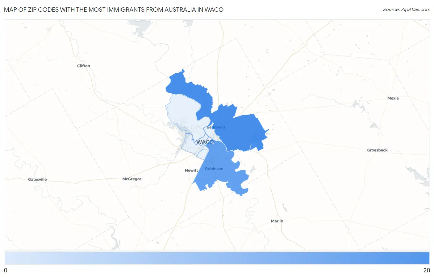 Zip Codes with the Most Immigrants from Australia in Waco Map
