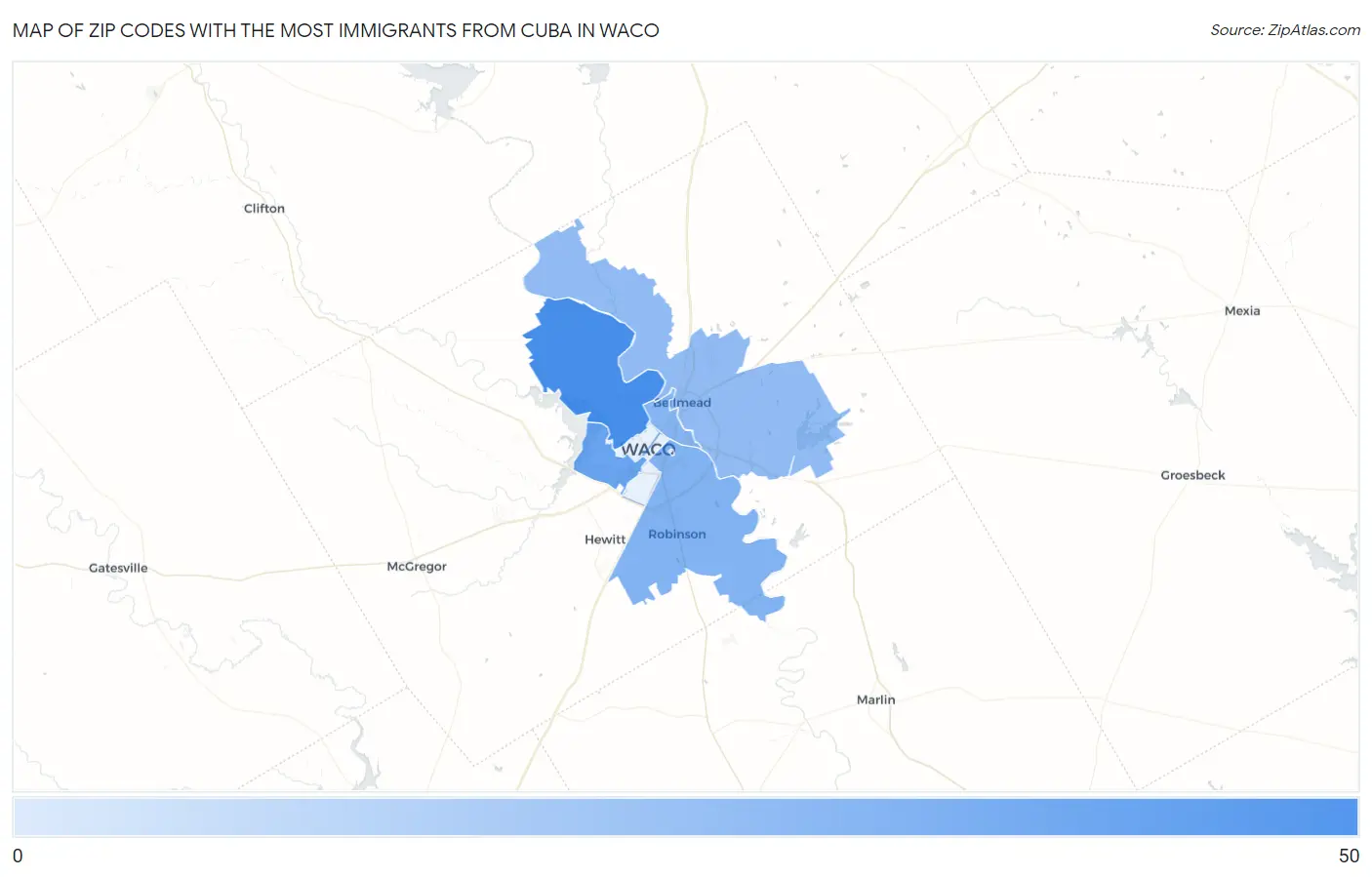 Zip Codes with the Most Immigrants from Cuba in Waco Map