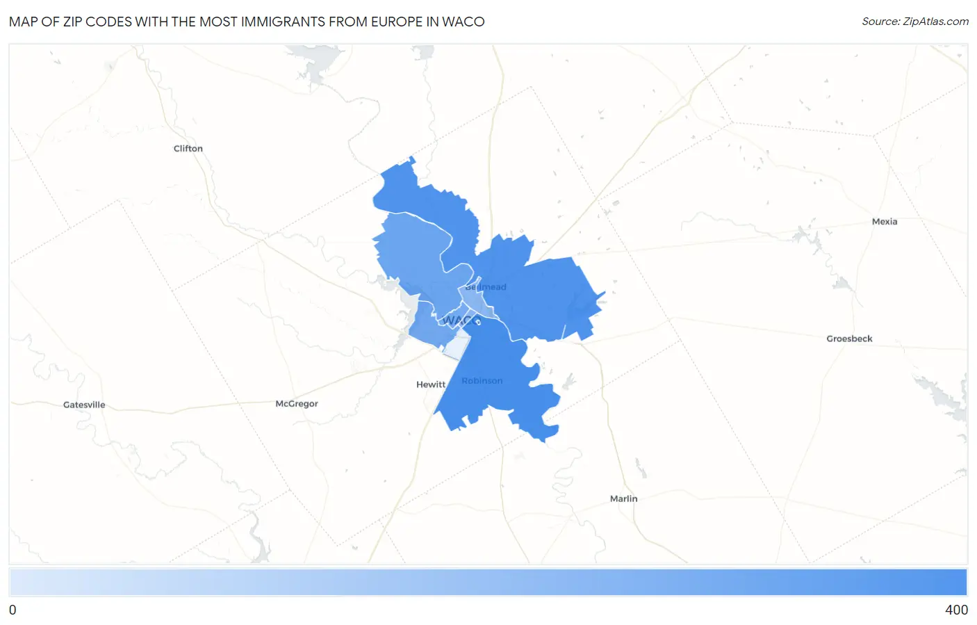 Zip Codes with the Most Immigrants from Europe in Waco Map
