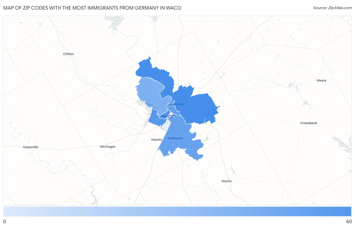 Zip Codes with the Most Immigrants from Germany in Waco Map