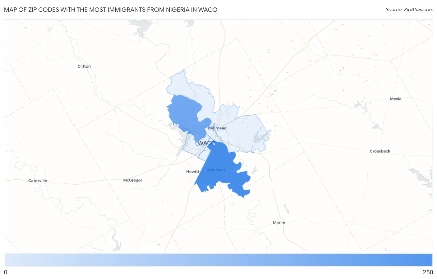 Zip Codes with the Most Immigrants from Nigeria in Waco Map