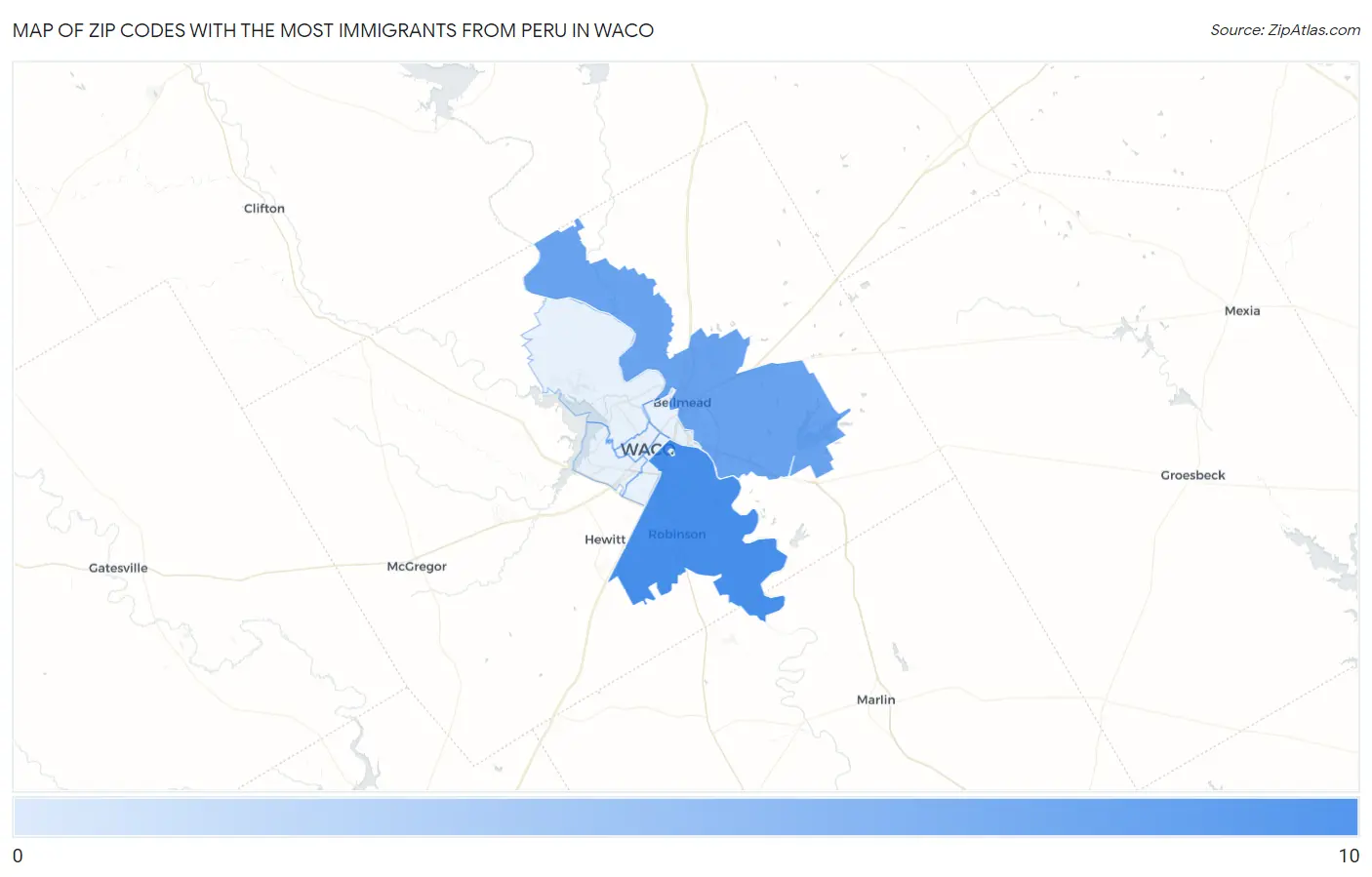 Zip Codes with the Most Immigrants from Peru in Waco Map