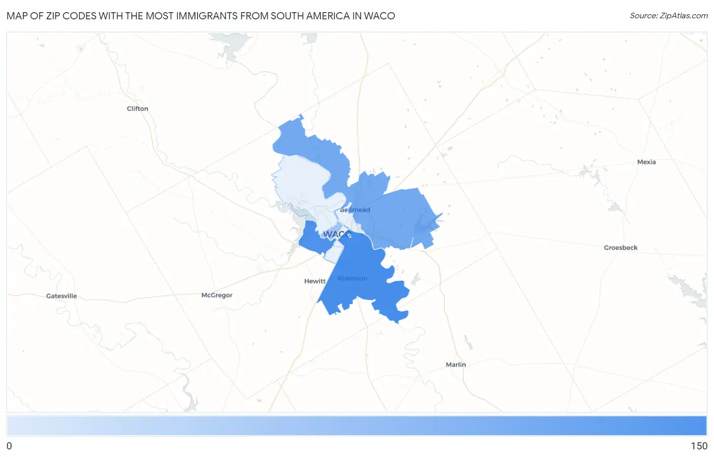Zip Codes with the Most Immigrants from South America in Waco Map
