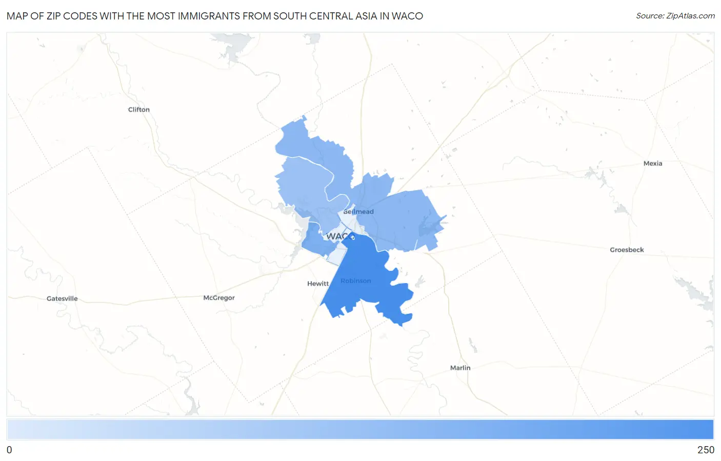 Zip Codes with the Most Immigrants from South Central Asia in Waco Map