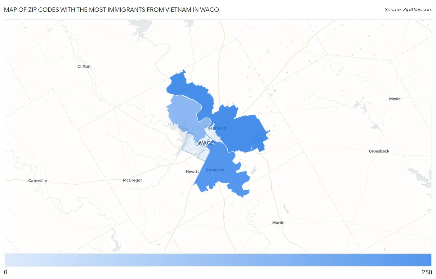 Zip Codes with the Most Immigrants from Vietnam in Waco Map