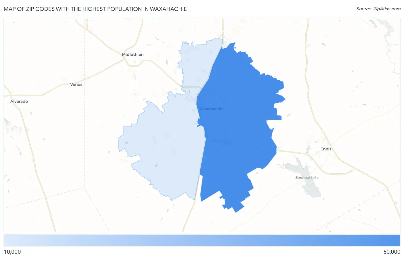 Zip Codes with the Highest Population in Waxahachie Map