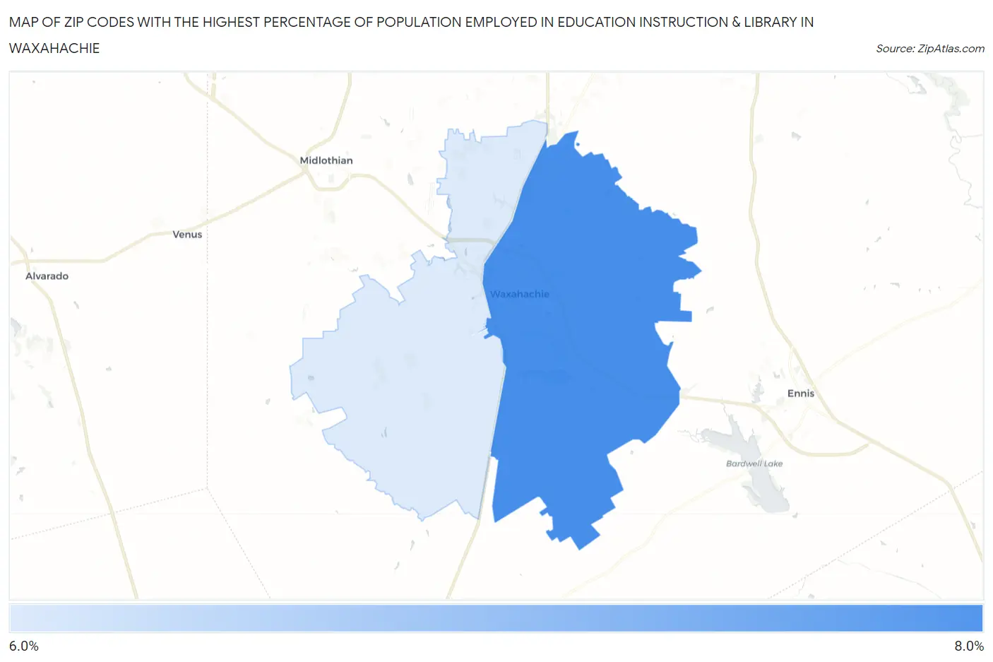 Zip Codes with the Highest Percentage of Population Employed in Education Instruction & Library in Waxahachie Map