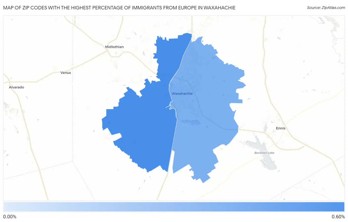 Zip Codes with the Highest Percentage of Immigrants from Europe in Waxahachie Map