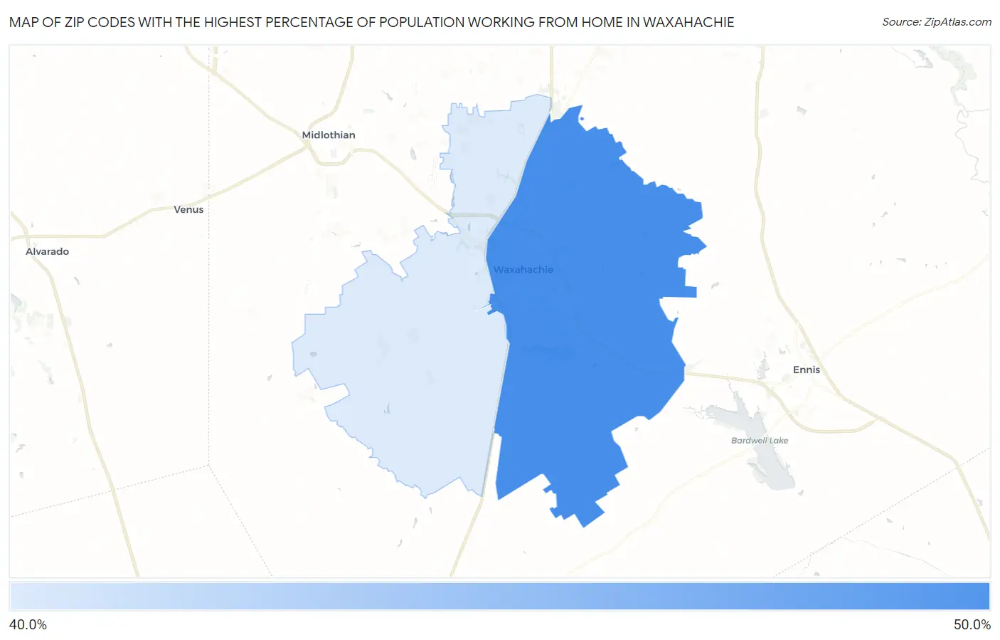 Zip Codes with the Highest Percentage of Population Working from Home in Waxahachie Map