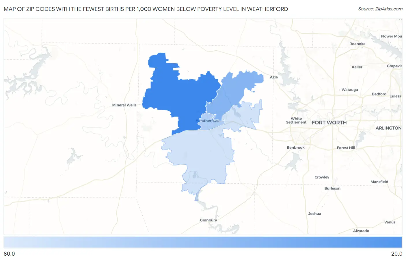 Zip Codes with the Fewest Births per 1,000 Women Below Poverty Level in Weatherford Map