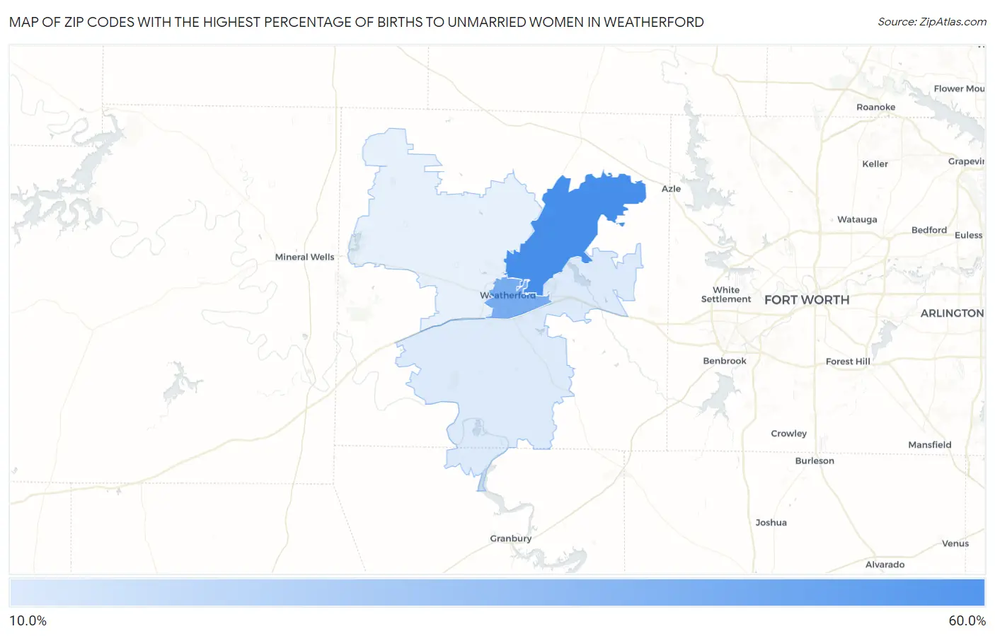 Zip Codes with the Highest Percentage of Births to Unmarried Women in Weatherford Map