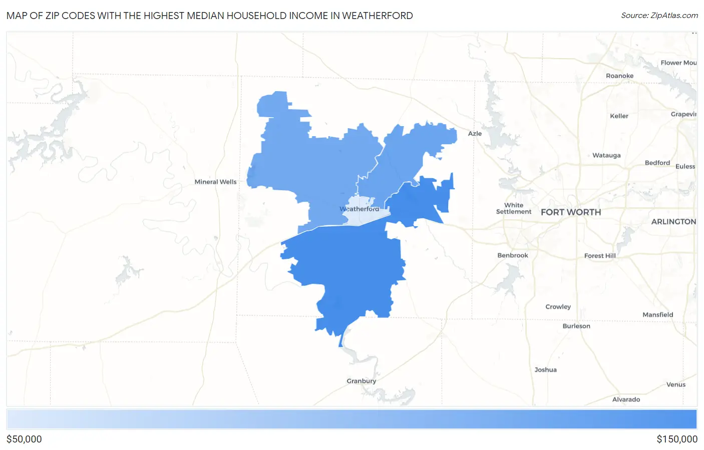 Zip Codes with the Highest Median Household Income in Weatherford Map