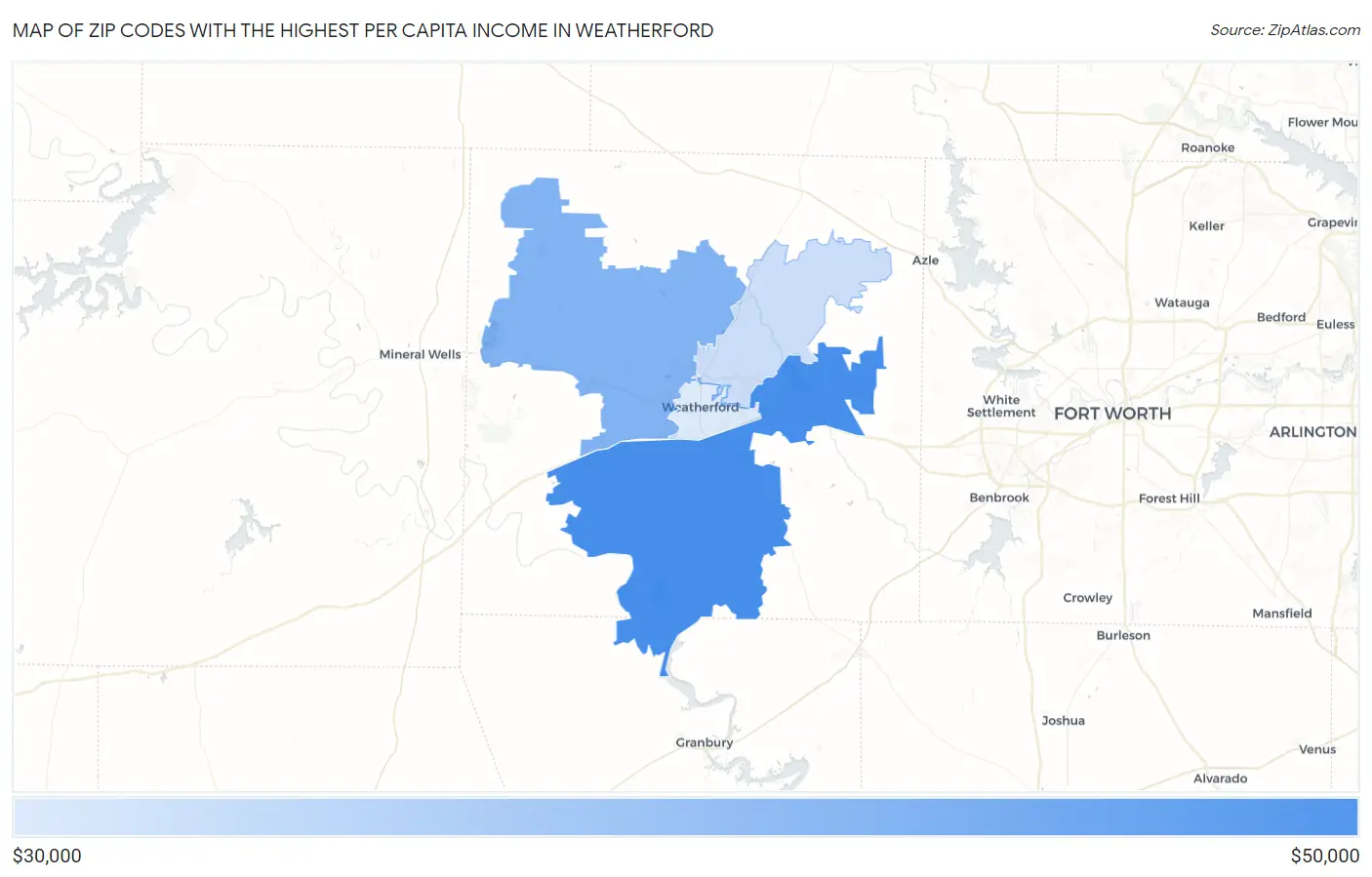 Zip Codes with the Highest Per Capita Income in Weatherford Map