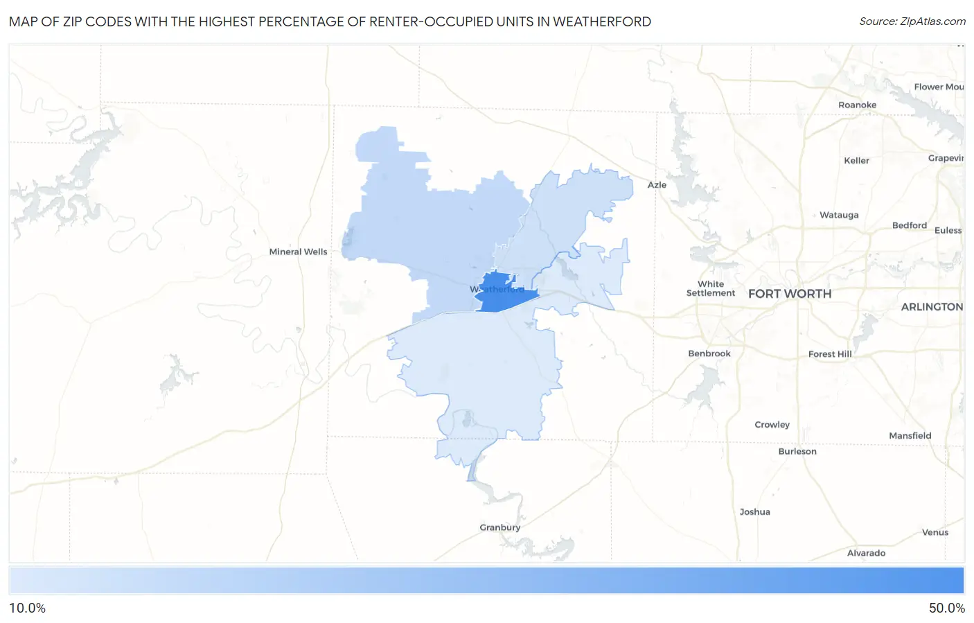 Zip Codes with the Highest Percentage of Renter-Occupied Units in Weatherford Map