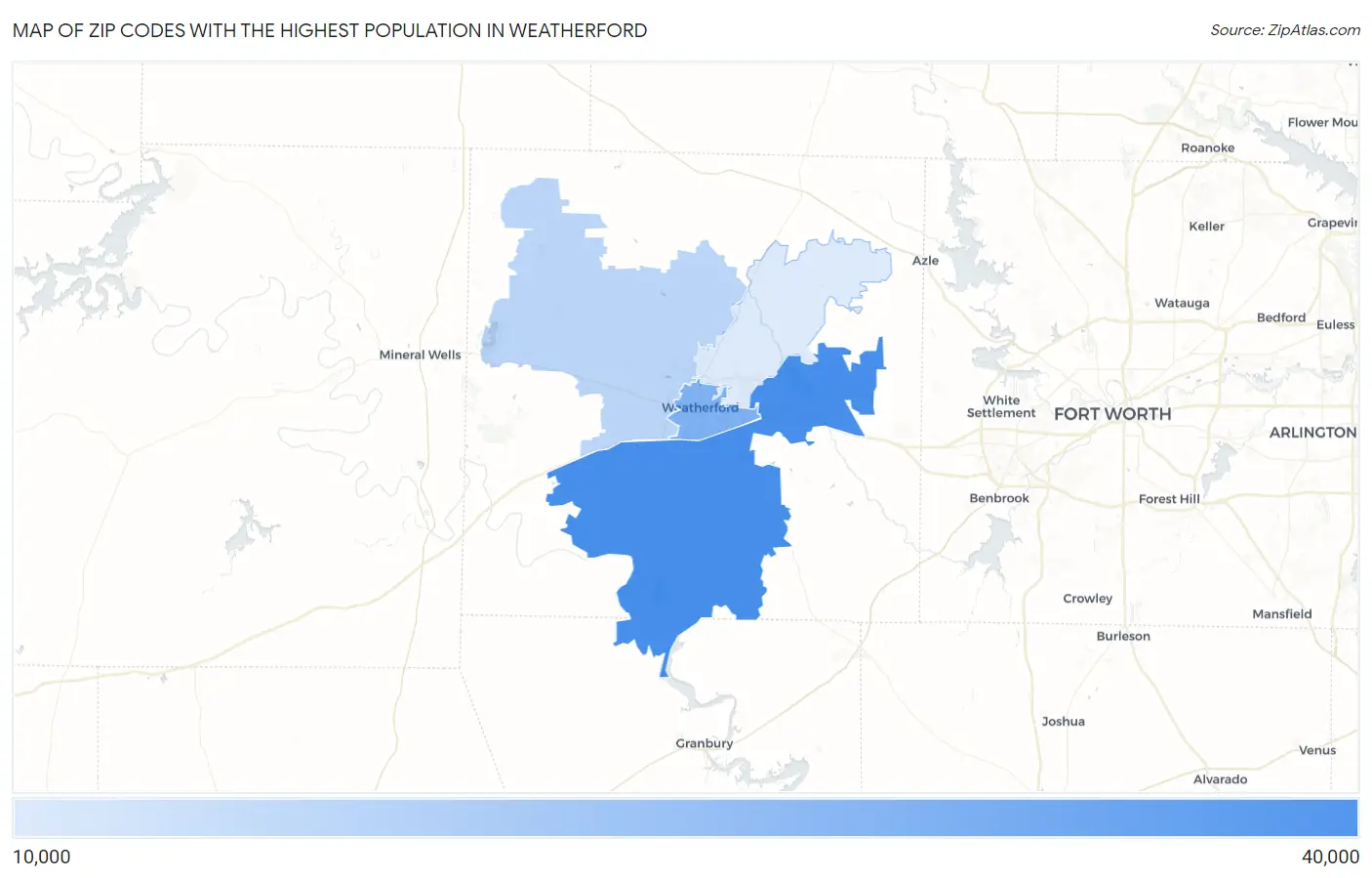 Zip Codes with the Highest Population in Weatherford Map