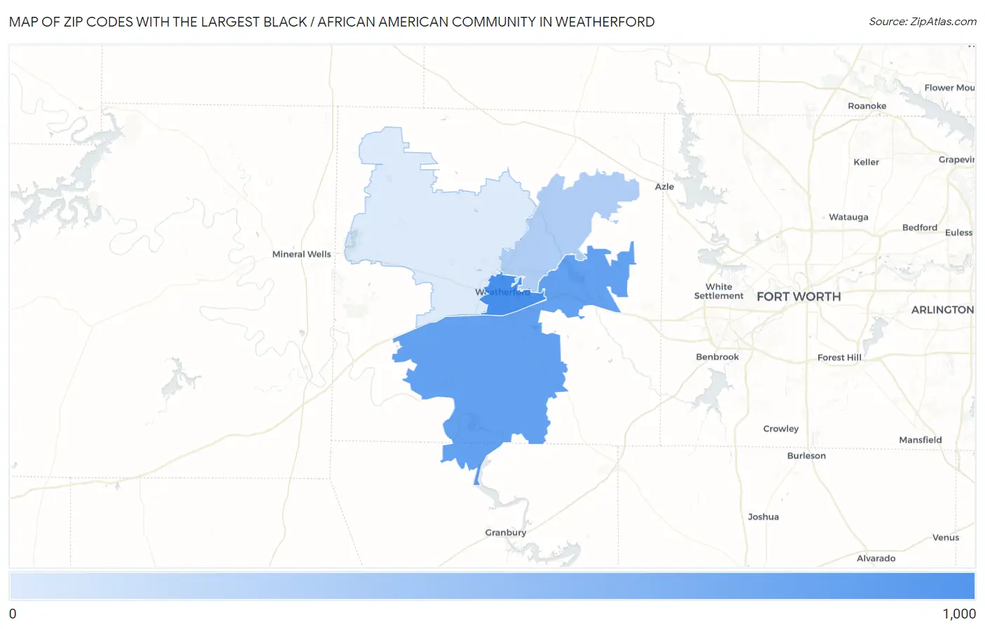 Zip Codes with the Largest Black / African American Community in Weatherford Map